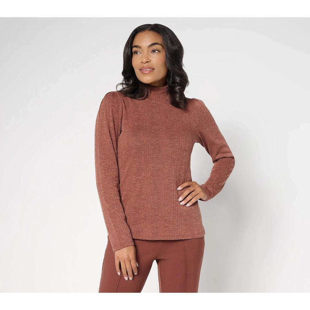 RM Studio x Rebecca Minkoff Ruched Sleeve Turtleneck Top Size XXS Cocoa Brown